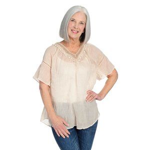 NWOT - Indigo Thread Woven Crochet Lace & PomPom Trimmed V-Neck Faded Natural 1X